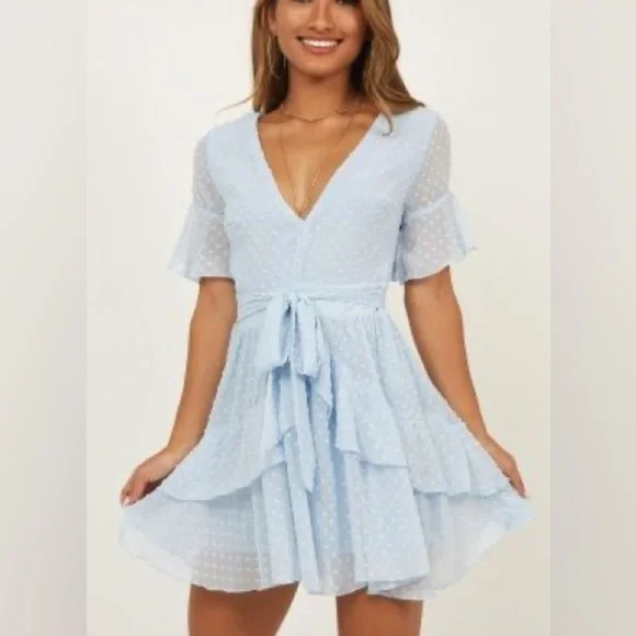 ShowPo Cirilla Blue Polka Dot Mini Tie Dress Size: 6 - Picture 1 of 7